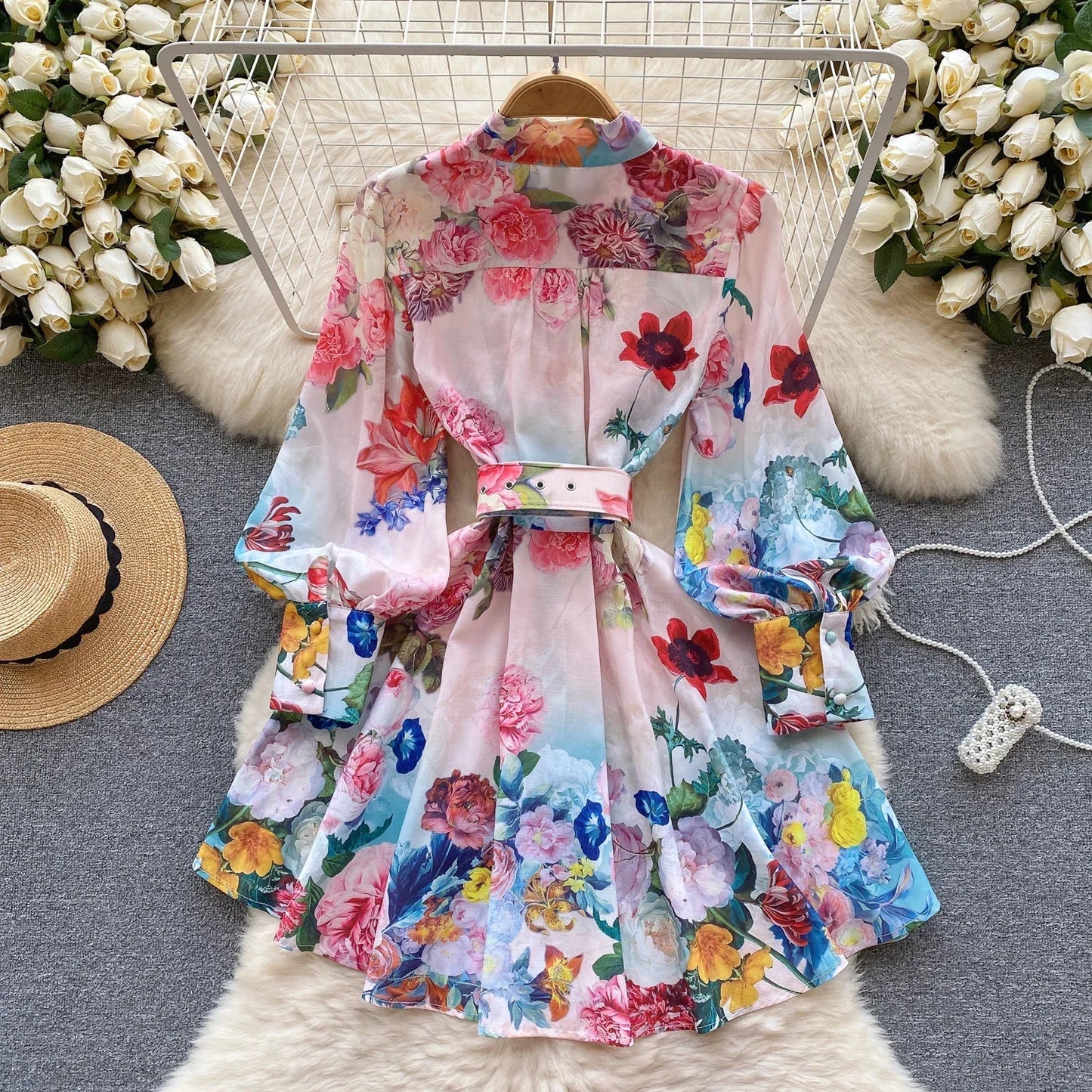 Print Belt Lantern Long Sleeve Patchwork Single Breasted Dress A-line Casual Women Fashion Autumn Spring Vestidos Short Dress - Seprincess