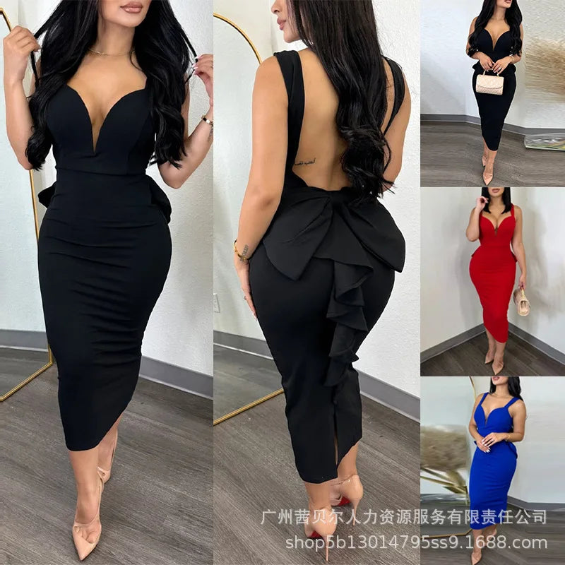 New Women's Backless Ruffles Patchwork Dress 2023 Elegant Sexy Evening Party Dress Women's Spaghetti Strap V-neck Slim Fit Dress - Seprincess