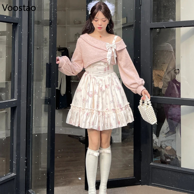 Sweet Lolita Style 2 Piece Dress Set Women Pink Bow Knitted Coat Kawaii Floral Mini Dress Female Korean Fashion Beach Party Suit - Seprincess