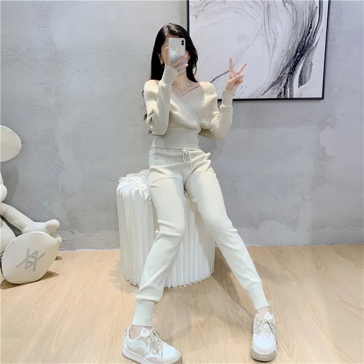 Elegant Tracksuit Sexy Two Piece Set Women Korean Style Ribbed Knitted Backless Top And Long Harem Pant Suit Autumn Outfits y2k - Seprincess