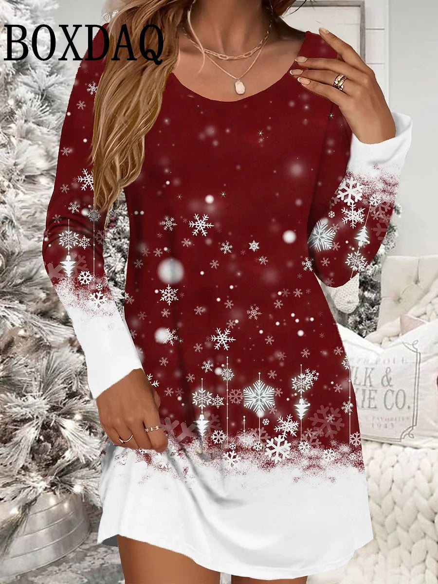 Autumn Winter Women Dresses Christmas Snowflake Print Dress Casual Party Clothing Long Sleeve Women's Loose A-Line Mini Dresses - Seprincess