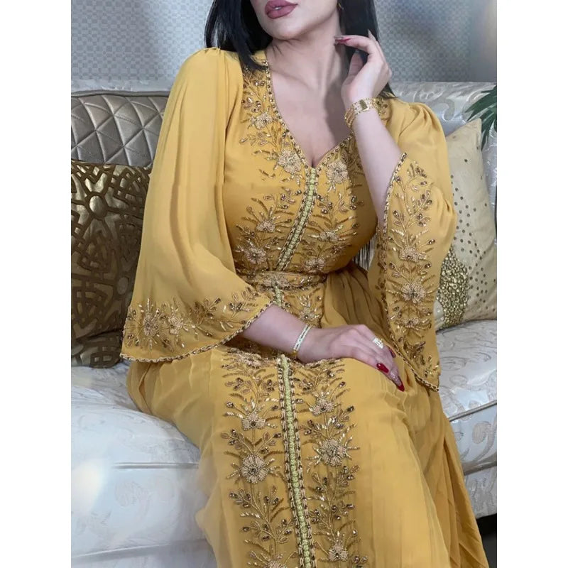 Vintage Embroidered Rhinestone Loose Dress 2023 Spring Autumn Women Dress Women Casual Flare Sleeve V-neck High Waist Dress Robe - Seprincess