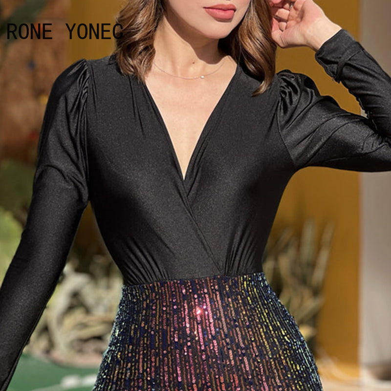 Women Chic Sequins Patchwork Long Sleeves V Neck Sexy Mini Bodycon Party Dresses - Seprincess