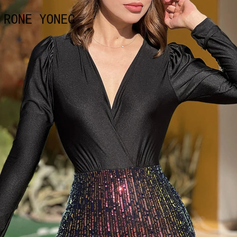 Women Chic Sequins Patchwork Long Sleeves V Neck Sexy Mini Bodycon Party Dresses - Seprincess