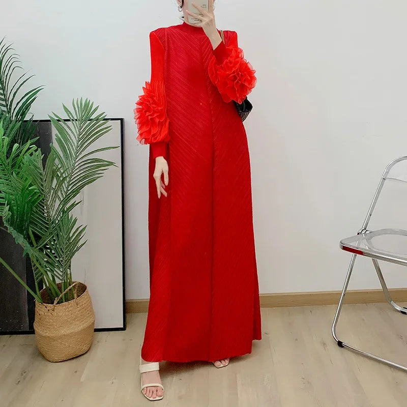 ANLAN Miyake Pleated Maxi Long Dress Mesh Petal Sleeve Half Turtleneck Formal Dresses for Women 2024 New Hot Sales 6KK9927 - Seprincess