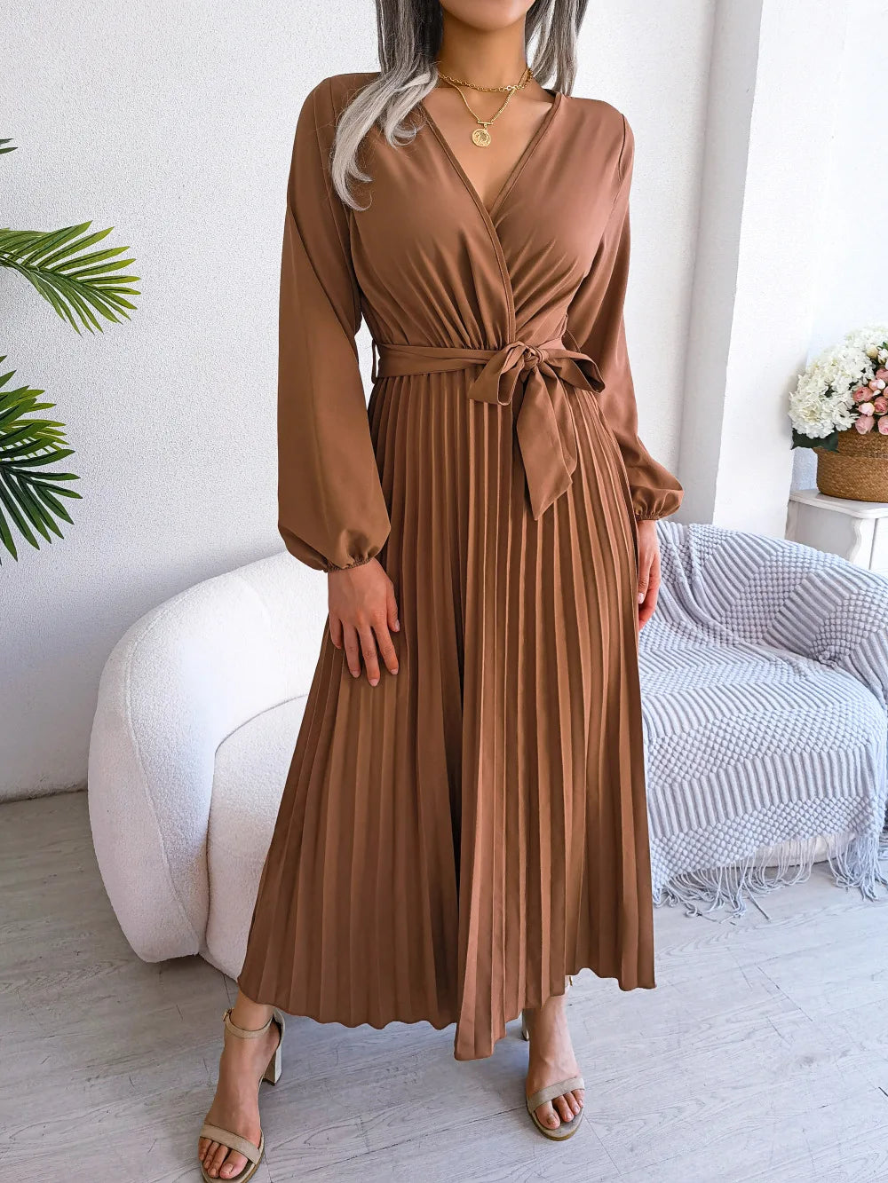 Women Elegant V Neck Long Sleeve Pleated Maxi Dress - Seprincess