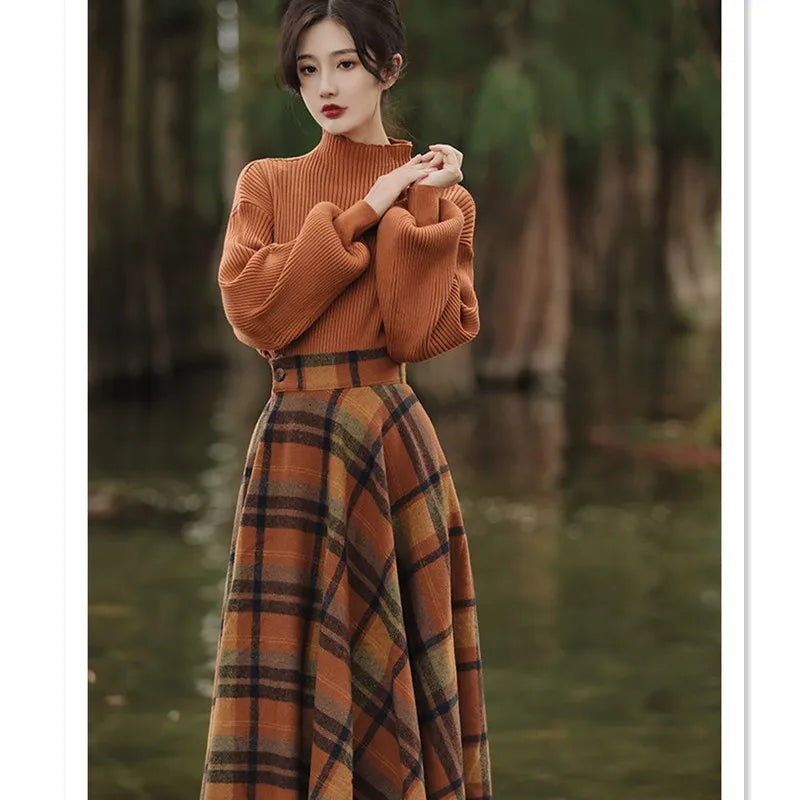 Women's Spring Autumn Vintage Plaid Long Skirts Sweater Two-Piece Set French Lady Graceful Knit Pullover High Waist Skirt Outfit - Seprincess