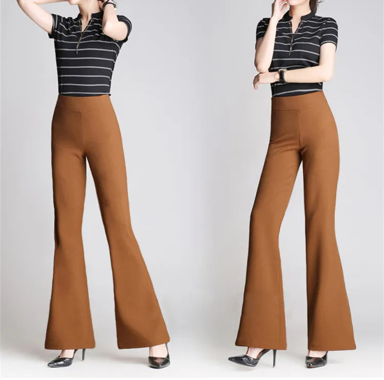 Autumn Winter Office Lady Fashion Long Flare Pants Solid High Waist Elastic Band Slim 4XL Professional Woman Wide Leg Trousers