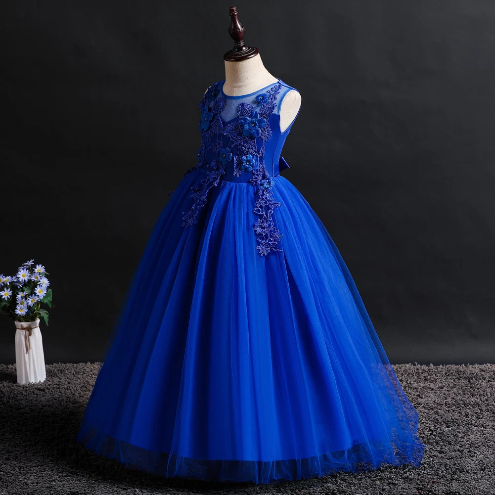 Blue New Girl Flower Long Dress Children's Ball Embroidered Princess Dress for 4 to 14 years Girl Party Wear - Seprincess