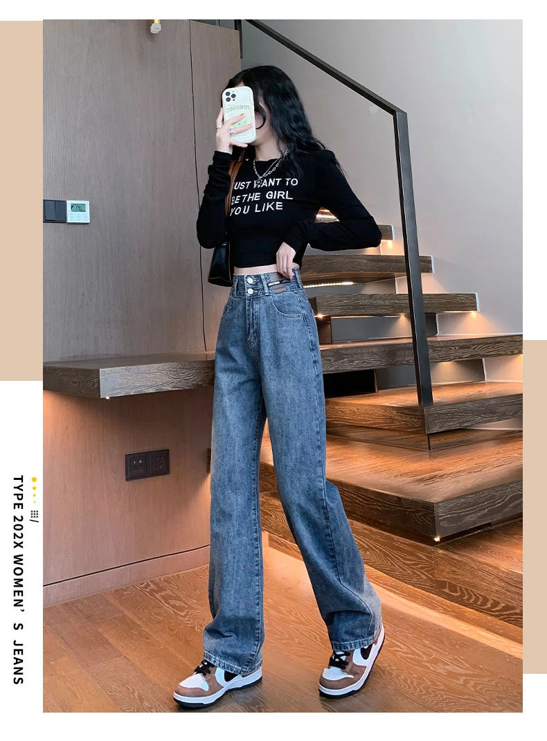 Straight Double Button Denim Jeans Women's New Style Loose Small Narrow Version Classic High Quality Brand Denim Pants