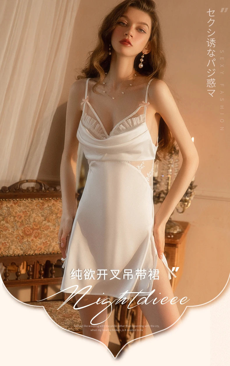 Side Split Designer Lady Nighty Sexy Senior Luxury Sleepwear Satin Silk Date Nightwear Wedding Bridal Honeymoon Romantic Dress - Seprincess