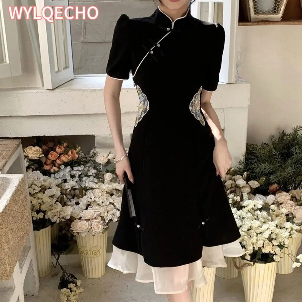 2023 Chinese Improved Hanfu Cheongsam Dress Women A Line Qipao New Fashion Style Short Sleeve Casual Daily Lady Cheongsam Dress - Seprincess