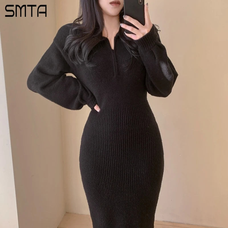 Vintage Long Sleeve V-neck Knitted Sweater Midi Dresses for Women Zipper Lapel Elegant Warm Bodycon Dresses Autumn Winter 2024 - Seprincess