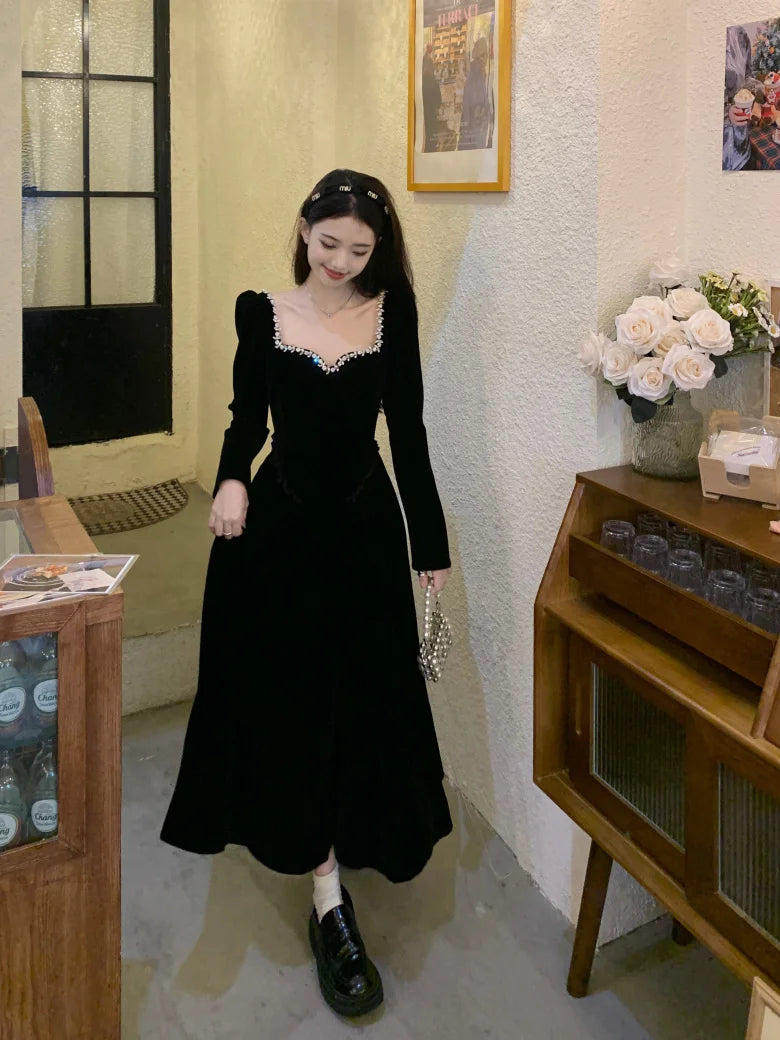 Vintage Evening Party Velvet Dresses for Woman Elegant Fashion Wedding Birthday Prom Long Sleeves Female Clothing Black Robe - Seprincess