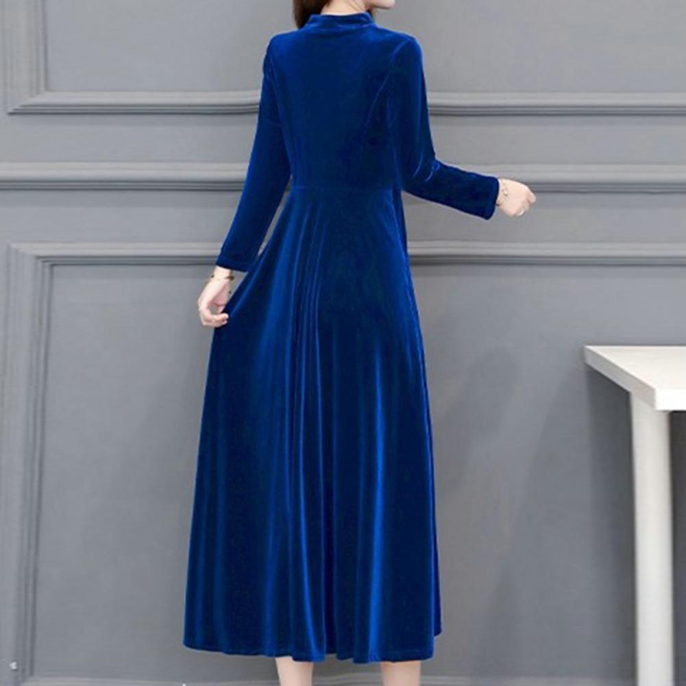 Velvet Vintage Women Maxi Dress OL Style Oversize Round Neck Long Sleeves Evening Dress 	Slim Fit Pleated Bodycon Prom Dress - Seprincess