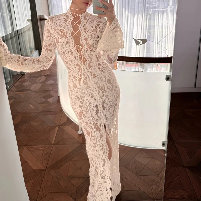 Sexy White Lace Printed Maxi Dress For Women See-Through Hollow Out Full Sleeve V Neck Slit Slim Long Dress Party Club Outfit - Seprincess