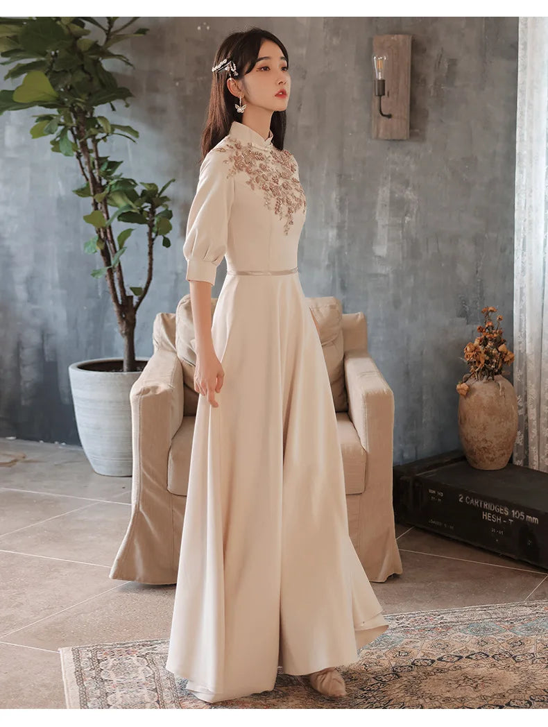 Slim A-line Mandarin Collar Qipao Female Chinese Styles Bridesmaid Dress Appliques Flower Pearl Cheongsam Party Prom Gown - Seprincess