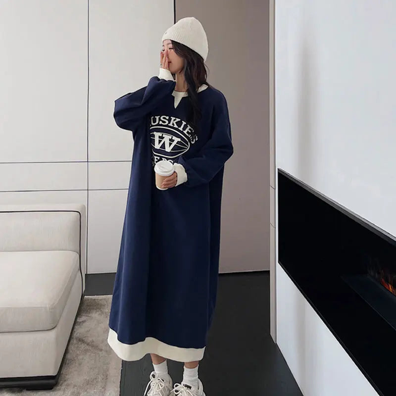 2023 New O-neck Pullovers Autumn Winter Thin Fashion Loose Long Dress Streetwear Dresses Printing Young Style Women's Clothing - Seprincess