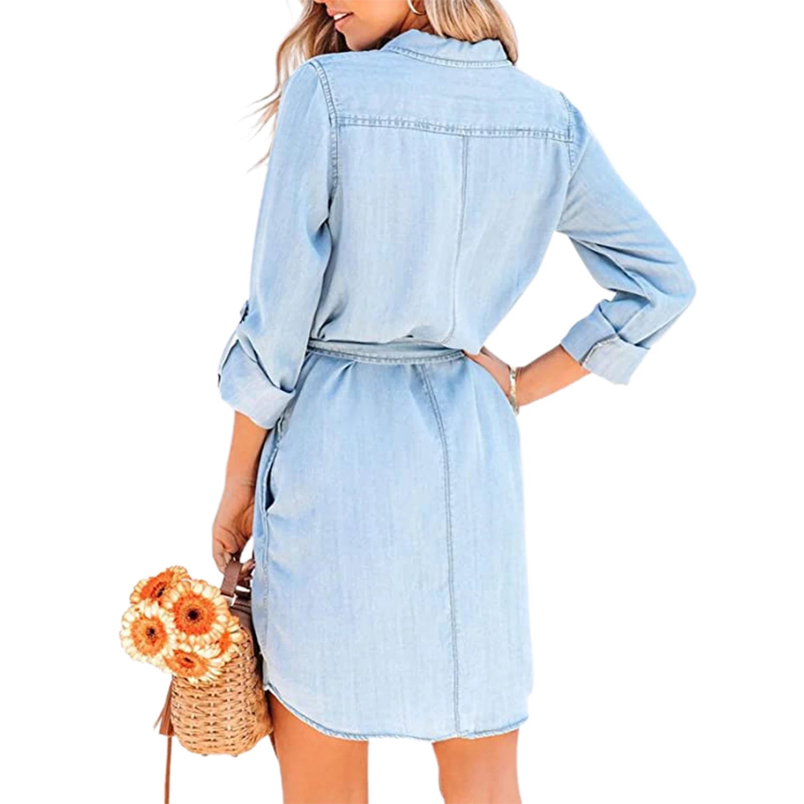 Fashion Women Casual Denim Dress Solid Color Long Sleeve Button-Down Lapel Short Dress with Belt Shirts Dress - Seprincess