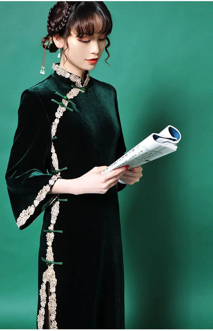 Cheongsam Chinese Traditional Dress Solud Color New Autumn Winter Long Temperament Flare Sleeve Velvet Improved Green Qipao 2024 - Seprincess