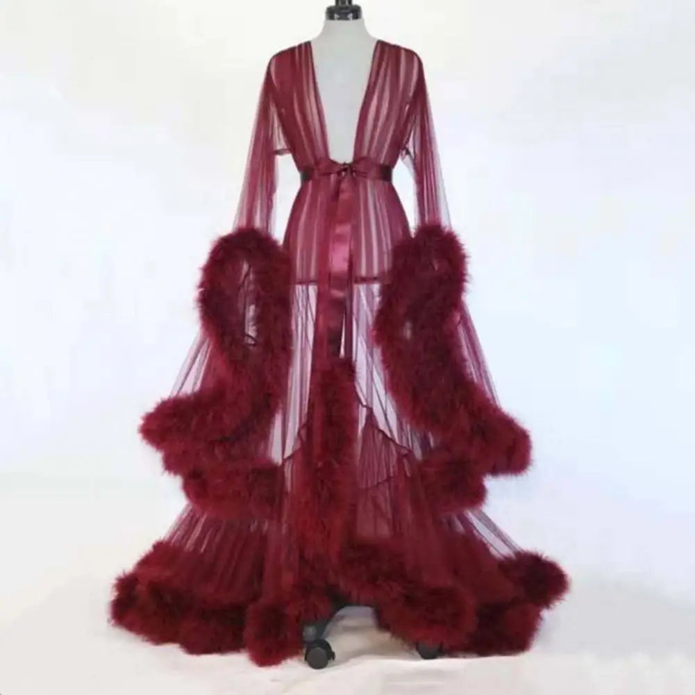 Bathrobe for Women Flare Sleeves Feather Bridal Robe Nightgown Silk Illusion Long Wedding Scarf Dressing Gown Photography Dress - Seprincess