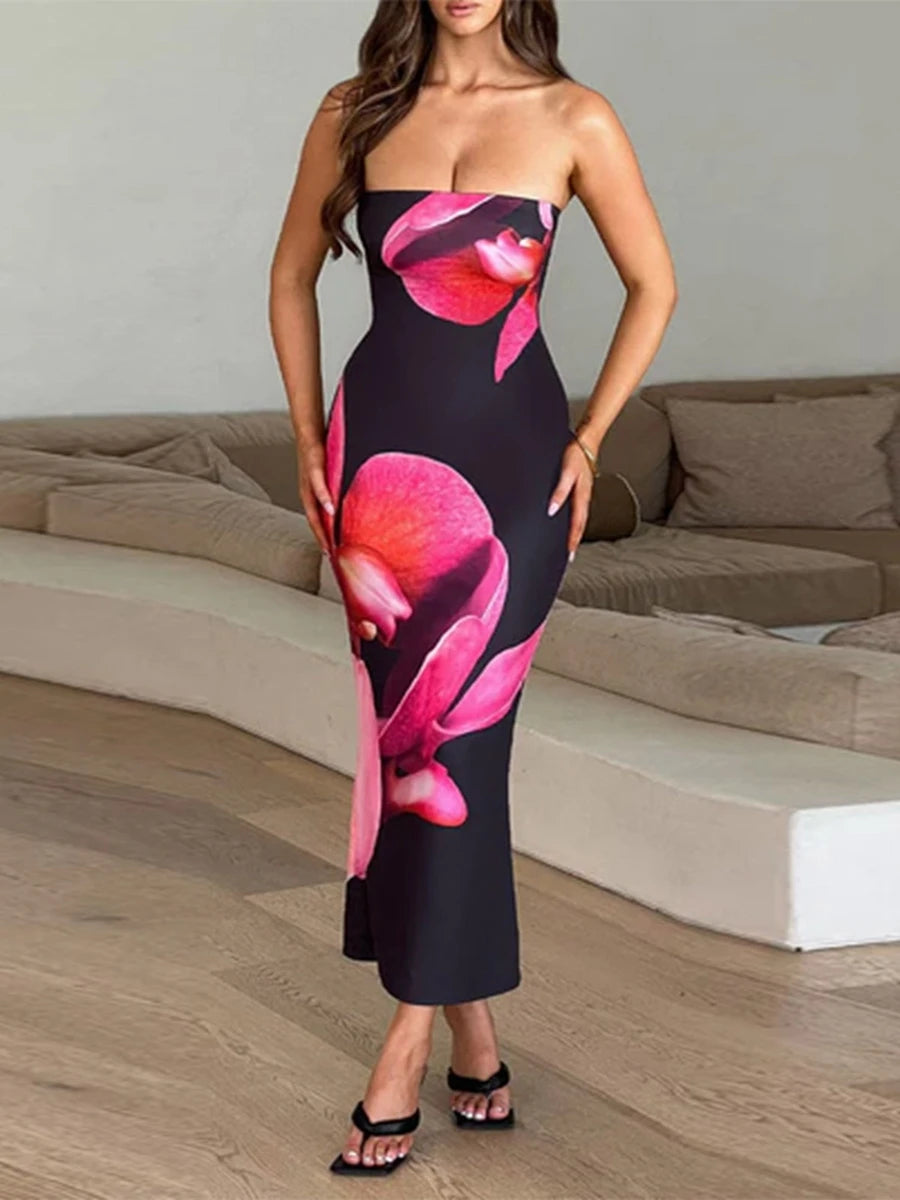 Slim Flower Print Off Shoulder Sleeveless Backless Elegance Dress Women 2024 Bodycon Long Tube Top Dress for Party Club - Seprincess