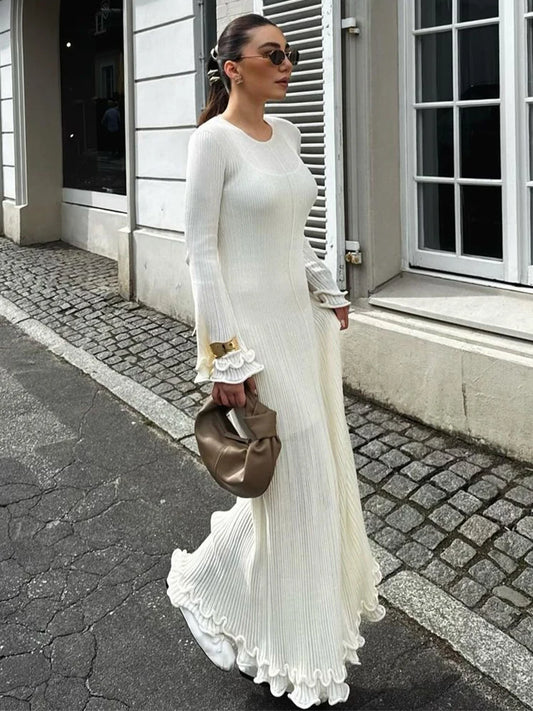 Women Elegant Ruffle Hem Knit White Long Dress O-neck Flare Long Sleeve Backless Bandage Dresses 2024 New Evening Party Robes - Seprincess