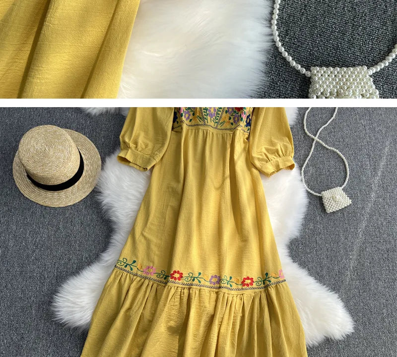 Spring/Summer Women's Travel Vacation Vintage Long Dress Bohemian Ethnic Style Embroidered Waist Tie up Cotton and Linen Dress ? - Seprincess