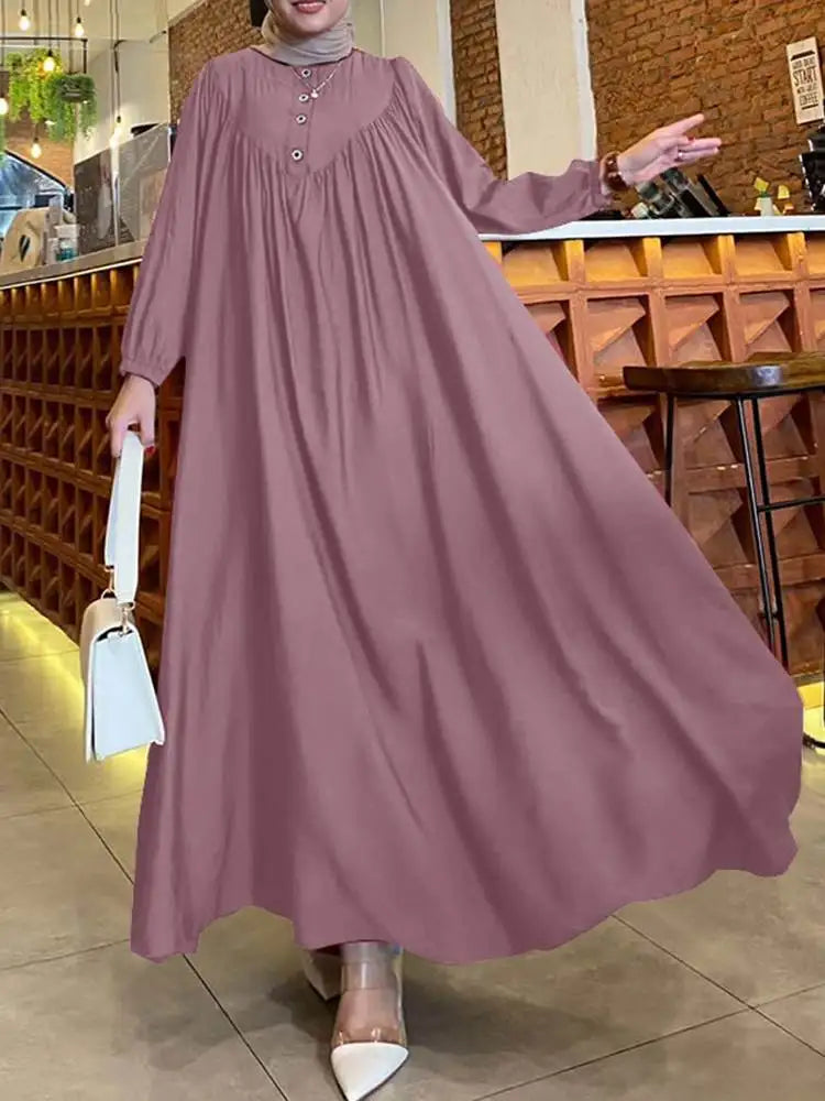 ZANZEA Islamic Dubai Hijab Dresses Autumn Muslim Dress Abaya Women Oversize Sundress Fashion Long Lantern Sleeve Maxi Vestidos - Seprincess