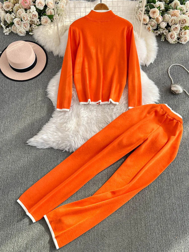 Women's Long Sleeved Knitted Sweater High Waist Slim Straight Leg Pants Two-piece Set Y2k Korean Autumn - Seprincess