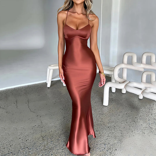 Sexy Satin Backless Lace Up Mermaid Slip Dress Women Sweetheart Neck Sexy Slim Bodycon Dresses Elegant Silk Gown Partywear - Seprincess