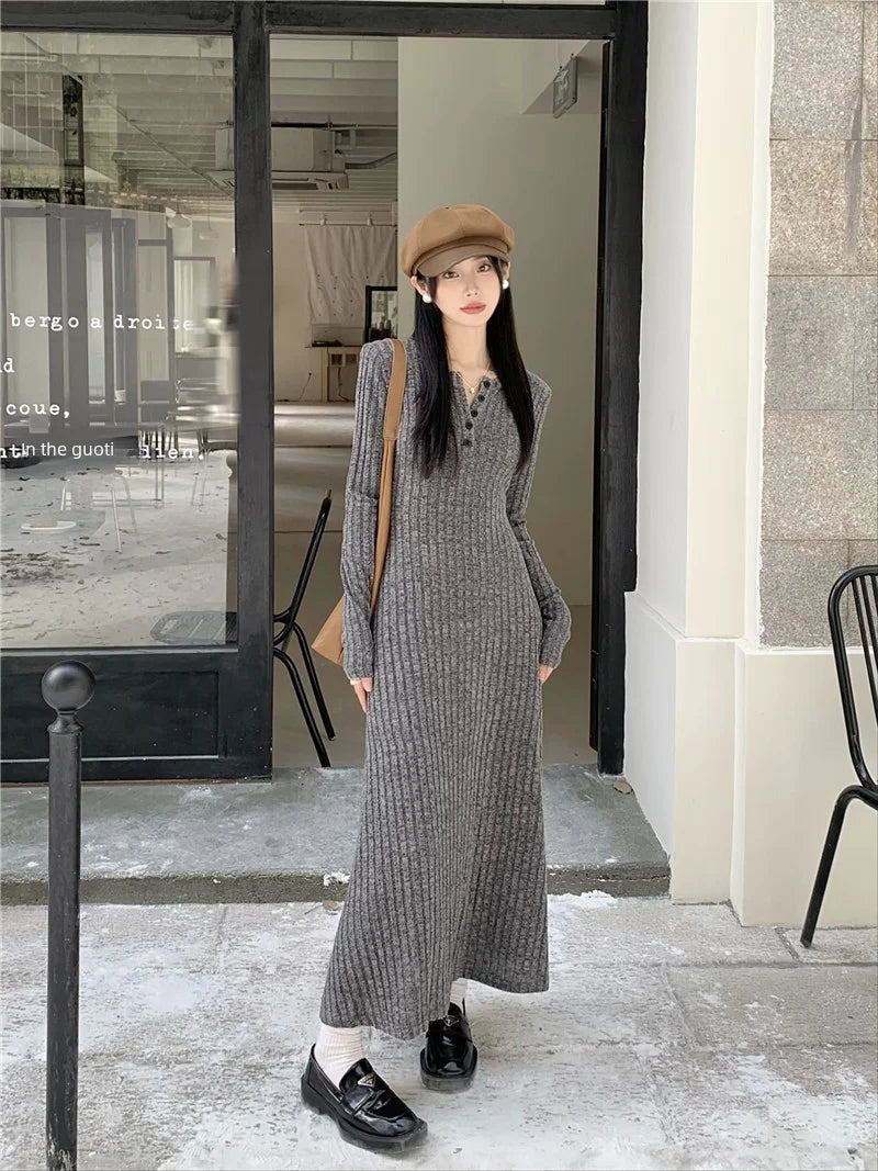 Vintage Versatile Knitted Long Sleeve Dress Women's Slimming A- line Skirt Autumn/winter Waist-fitted Long Dress