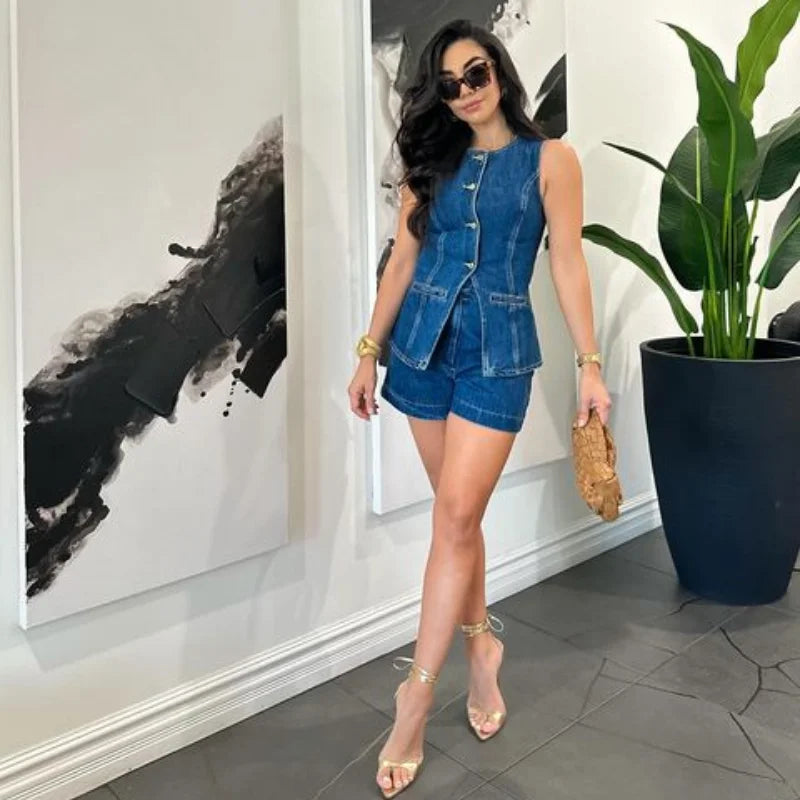 Casual Denim Shorts Sets for Women Sleeveless Single Breasted Split Top Vest High Waist Wide Leg Shorts Suit Female Lady Set