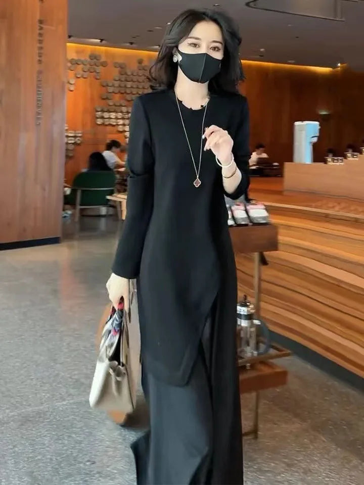 Women's Lyrical Party Dresses Long Sleeve Fake Two Piece Dress Round Neck Pure Black Skinny Casual Business Office Streetwear - Seprincess