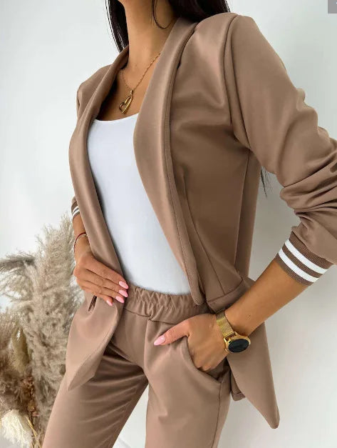 Women's Spring Double Breasted Blazer Office Pantsuit Striped Notched Collar Blazer Coat Drawstring Pants Set 2 Piece Set Female - Seprincess