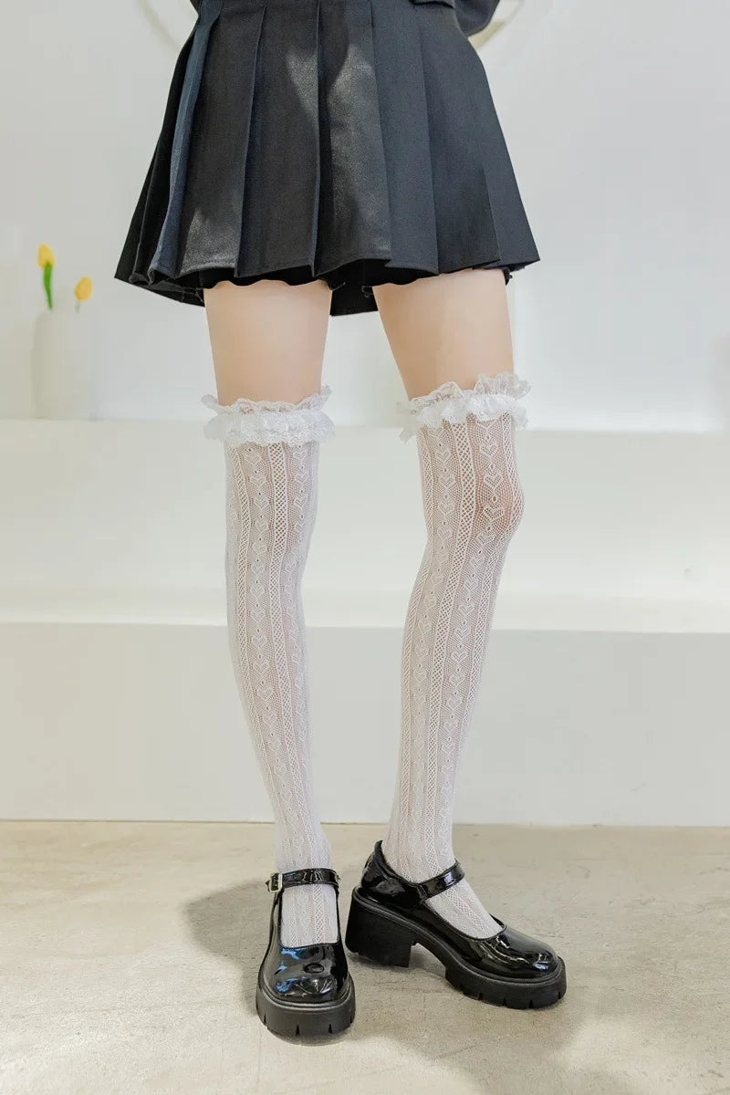 Black White Sexy Overknee Long Socks Women Sweet Girls Lolita Bowknot Thigh High Fishnet Stockings Gothic Punk Lace Mesh Legging