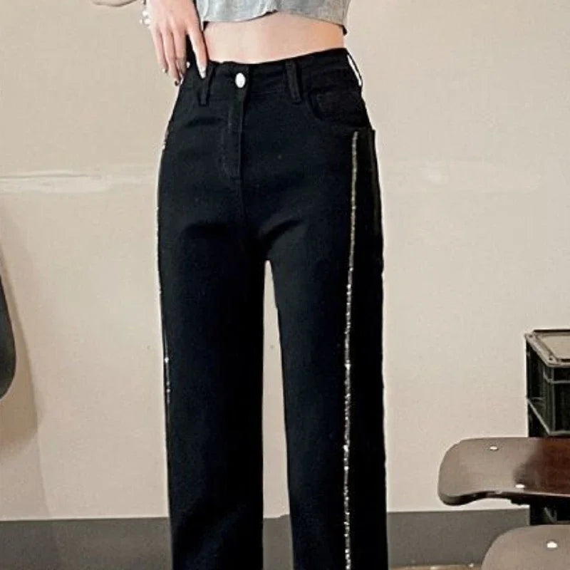 Pearl with Decorations Trousers Blue Cropped Straight Leg Women's Jeans Black and Capris High Waist Shot Short Japanese Y2k A R