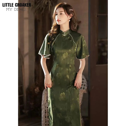 Cheongsam Dress Modern 2024 Women Improved Qipao New Long Waist Chinese Style Dress Sweet Green Chinese Dress Woman - Seprincess