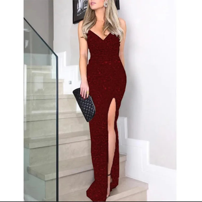 Women's Luxurious Sparkling Prom Dress V Neck Perspective Sequins Evening Party Dress Side Split Formal Long Sexy Dress - Seprincess