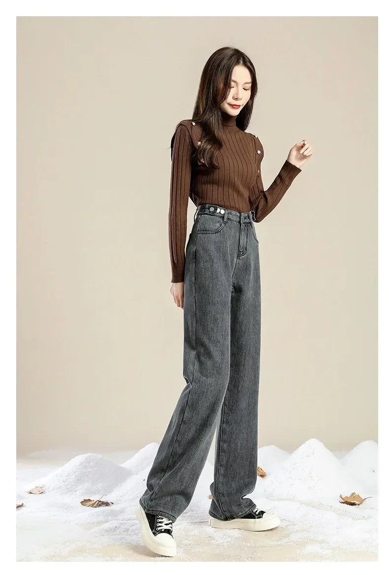 Autumn/winter Deep Color Wide-leg Fleece-lined Warm Jeans Women's Outerwear Slimming Loose-fit Straight-leg Model Pants