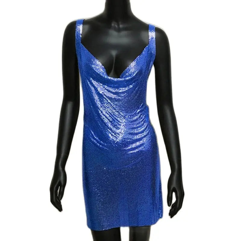 Sexy Metallic Sequin Mini Dress For Women Backless Cocktail Club Glitter Low Cut Halter Dress Rave Party Nightclub Dresses - Seprincess