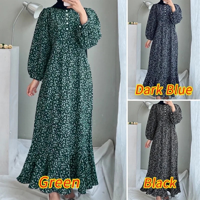 Women Fashion Loose Printed Long Sleeve O Neck Muslim Abaya Dress Vintage Ruffles Hem Sundress Robe Femme Turkey Vestido Kaftan - Seprincess