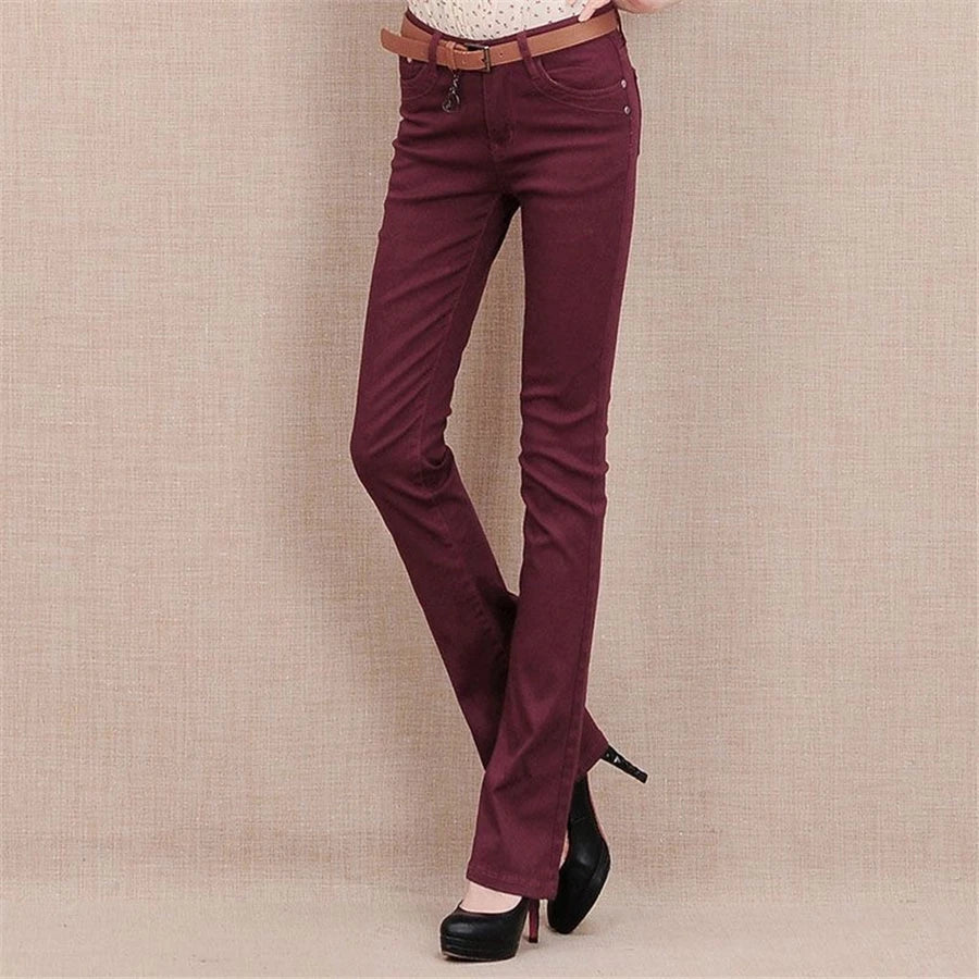 Women's White 80% Cotton Flare Denim Pants Mom's Fomal Skinny Stretch Jeans Trend Candy Color Slim Cowboy Trousers OL Pantalones