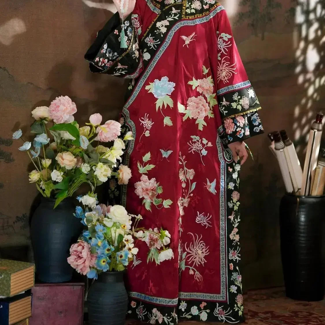 4 Colors Autumn Late Qing Dynasty Clothing Qipao Chinese Traditional Dress for Women Hanfu Exquisite Embroidered Long Cheongsam - Seprincess