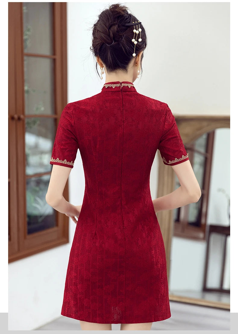 Traditional Chinese Clothing Red Cheongsam Summer New Modern Improved Young Short Qipao Dress New Year CNY - Seprincess