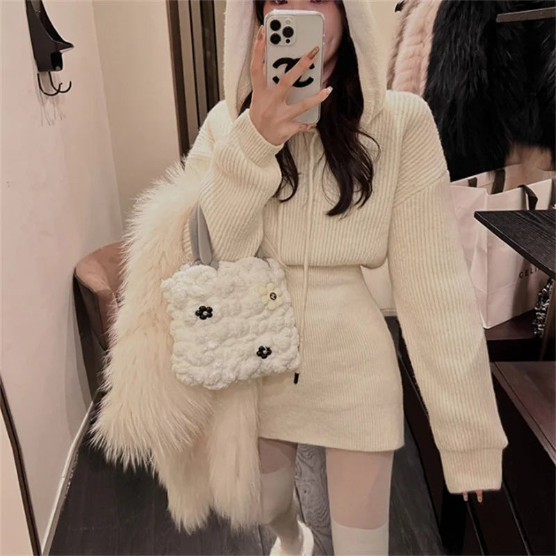 Women Winter Dress Knitted Sweater Solid Slim Elastic Hoodie Dress High Waist Vintage Pullovers Sniper Style Mini Dress Korean - Seprincess