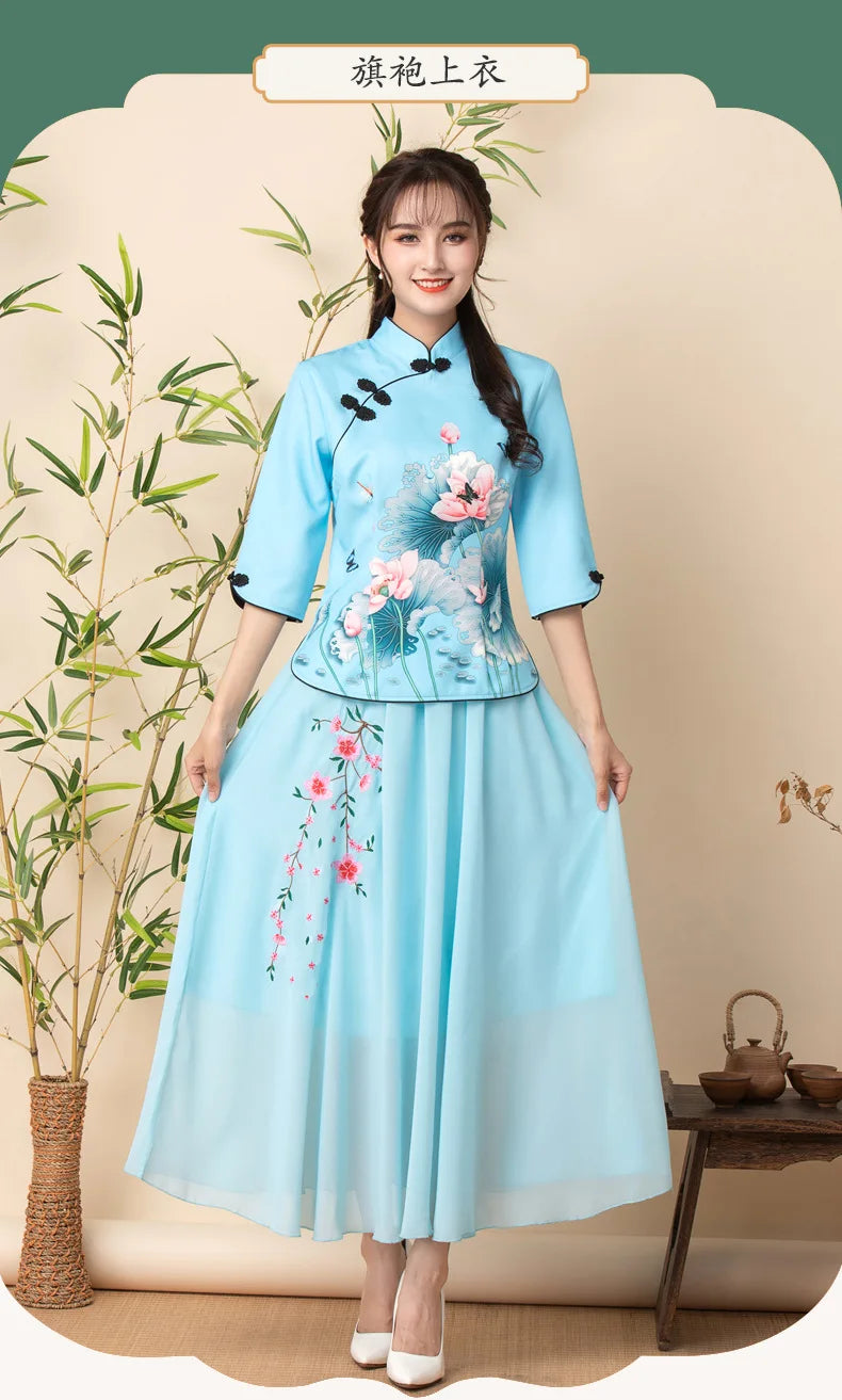 2023 Two Piece Cheongsam Chinese Dress Elegant Vintage Floral Print Modern Cheongsam Women Daily Qipao Dress Traditional Clothes - Seprincess