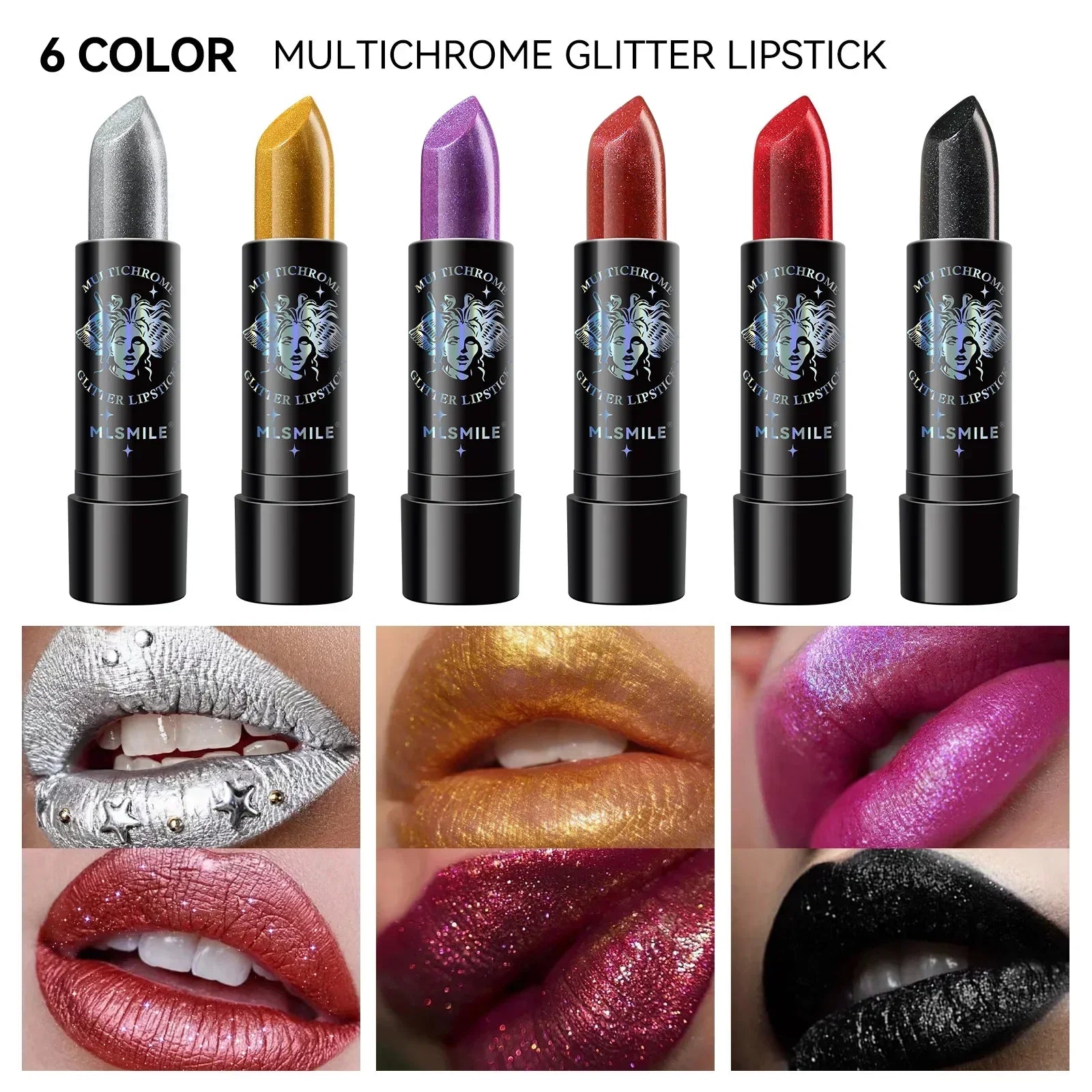 6Colors Glitter Lipstick Waterproof Long Lasting Diamond Pearlescent Metallic Lipstick Black Lipgloss Women Lips Makeup Cosmetic - Seprincess