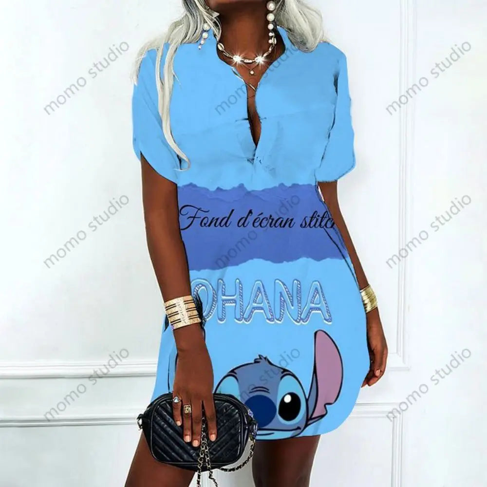 Lilo & Stitch Summer Fashion Disney Polo Shirts Mini Dress Dresses for Women 2023 V Neck New Y2k Album Sexy Elegant Party Summer - Seprincess