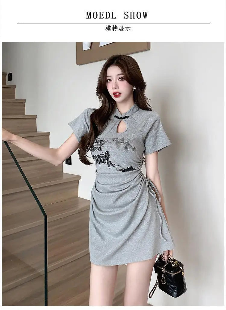 New 2024 Retro Daily Leisure Qipao Dress Chinese Style Printing Improved Cheongsam Fashionable Wrinkled Waist Design Thin Dress - Seprincess